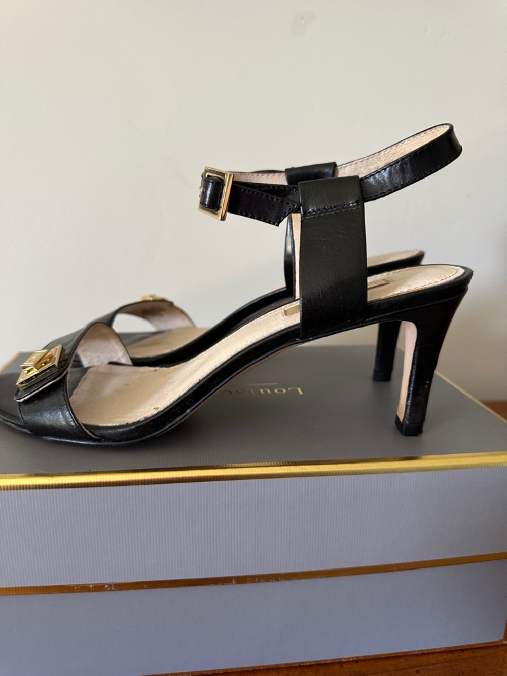 Louise et Cie, Black Leather Ankle-Strap heels with gold accent